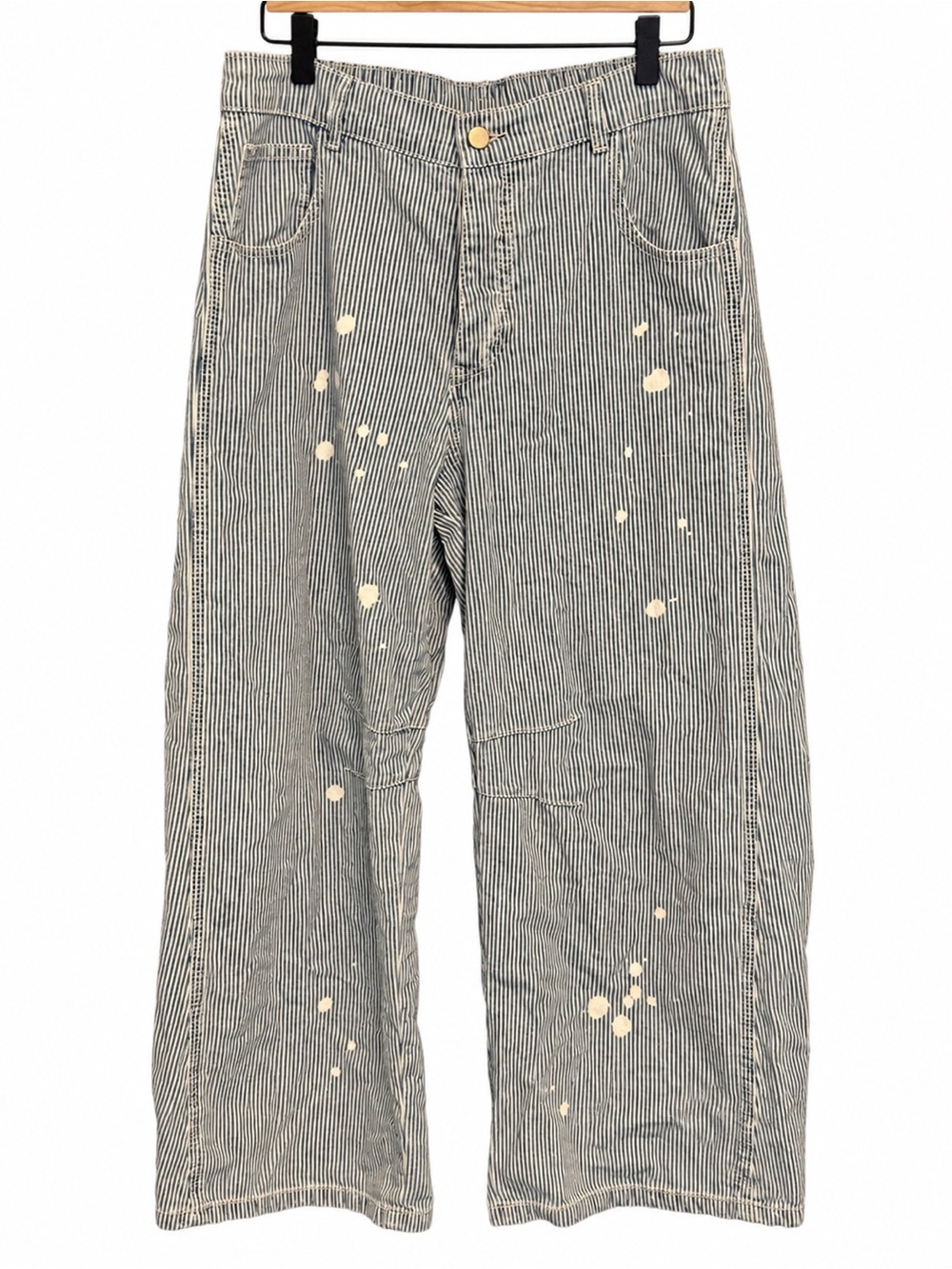 Blue Velvet Railroad Stripe Paint Splatter Barrel Pants